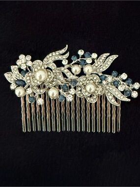EVER FAITH~Wedding Hair Comb~Blue Rhinestone~Pearl~Bridal Headpiece Accessory